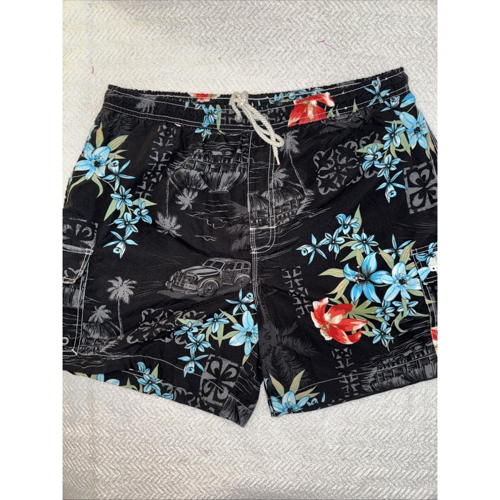 Mens Lined Board Shorts Trunks Lg Vibrant Floral Village Scene Black Hawaiian